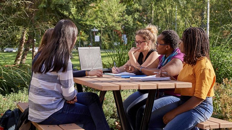 Groupe d'étudiantes assises à une table de pic-nique